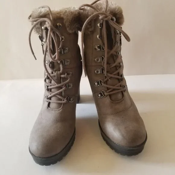 G by Guess Taupe Lace Up Faux Fur Heeled Boots w/ Zipper  size 9 - Picture 3 of 10
